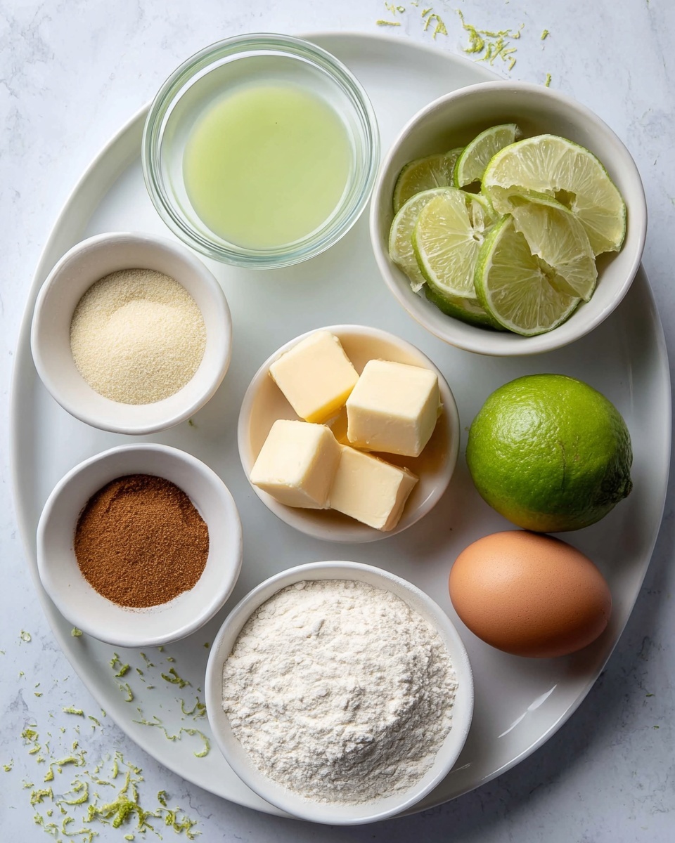 A round white plate holds several smaller white bowls and items arranged neatly. Starting from the top, there is a glass bowl with a light green liquid, next to it a white bowl filled with lime wedges. To the right, there are two whole green limes and two brown eggs resting beside them. Below, a small white plate has several cubes of pale yellow butter. On the left side, three white bowls hold different powders: a small amount of brown spice, a larger bowl with white granulated sugar, and another bowl with finely ground flour. The plate and items sit on a white marbled surface with some lime zest scattered around. photo taken with an iphone --ar 4:5 --v 7