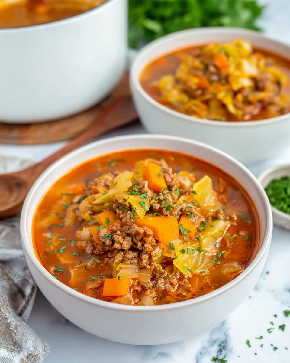 A white bowl filled with a thick, hearty soup showing about three visible layers: an orange-red broth base with small pieces of minced meat and soft orange carrot chunks at the bottom, topped with bright yellow cabbage pieces gently floating, and sprinkled with finely chopped green herbs on top. Another similar bowl sits slightly behind it on a white marbled surface, with a white pot visible in the background. A wooden spoon rests nearby, and fresh green herbs are scattered around the scene. photo taken with an iphone --ar 4:5 --v 7