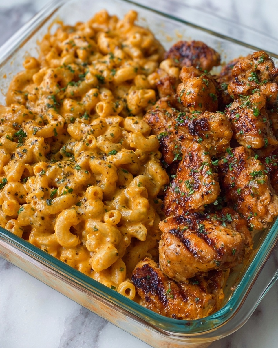 The image shows a clear rectangular glass dish divided into two sections. The left side is filled with macaroni pasta coated in a creamy, orange cheese sauce with small bits of black pepper and sprinkled with chopped green herbs on top. The right side contains several pieces of browned grilled chicken with a slightly shiny surface, also garnished with green herbs. The dish sits on a white marbled surface. photo taken with an iphone --ar 4:5 --v 7
