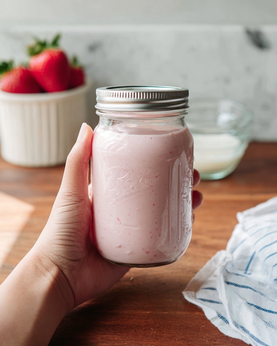 A woman's hand holds a clear glass jar with a silver lid filled with a smooth, pale pink drink that has tiny bits of fruit inside. The background features a soft white marbled texture on a wooden surface with a white ceramic container holding three bright red strawberries in the upper left, a small clear glass bowl with a white liquid inside, and a white cloth with blue stripes partly visible. The jar shows subtle embossed measurement marks on its side. photo taken with an iphone --ar 4:5 --v 7