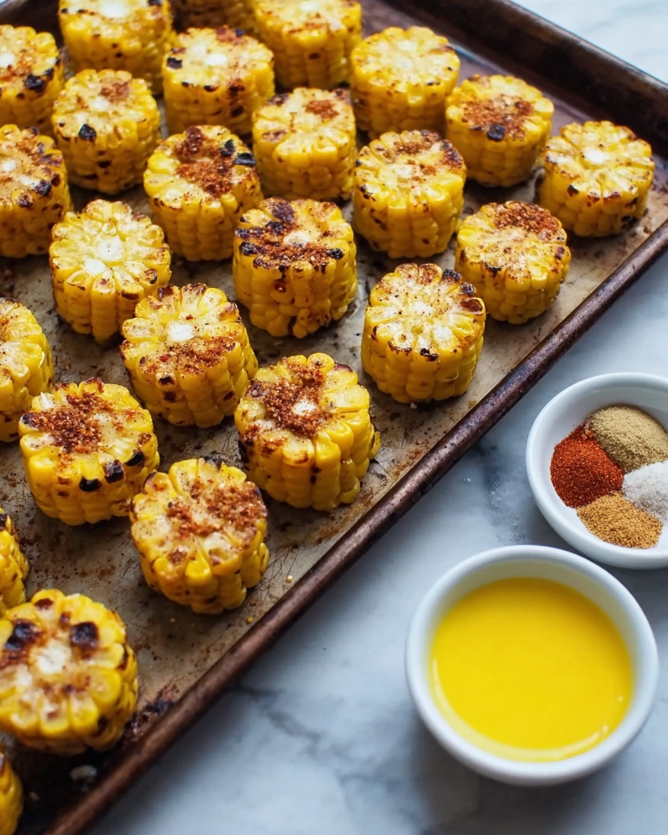 The image shows a baking sheet filled with small, round pieces of grilled corn, arranged in neat rows. Each corn piece is golden yellow with lightly charred brown spots, giving a toasted texture on the outside. In the lower right corner, there are two small white bowls, one containing a bright yellow melted butter and the other holding a mix of three spices in different colors: light beige, rusty red, and brown. The background and surface have a white marbled texture, and the scene is softly lit, highlighting the warmth and texture of the corn and spices. Photo taken with an iphone --ar 4:5 --v 7