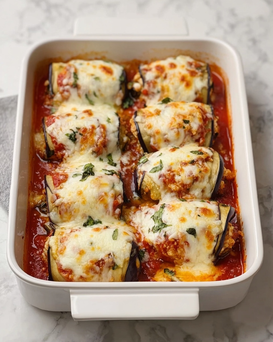 Two rolled eggplant slices filled with a layer of creamy spinach and cheese mixture, topped with a melted golden cheese that is slightly browned at the edges. The eggplants rest on a bright red tomato sauce spread thinly on the white plate. Each roll is garnished with a fresh green basil leaf, adding a pop of color to the dish. In the background, there is a white baking dish filled with more of the same baked eggplant rolls, and some fresh basil leaves and an eggplant are visible on a white marbled surface. Photo taken with an iphone --ar 4:5 --v 7