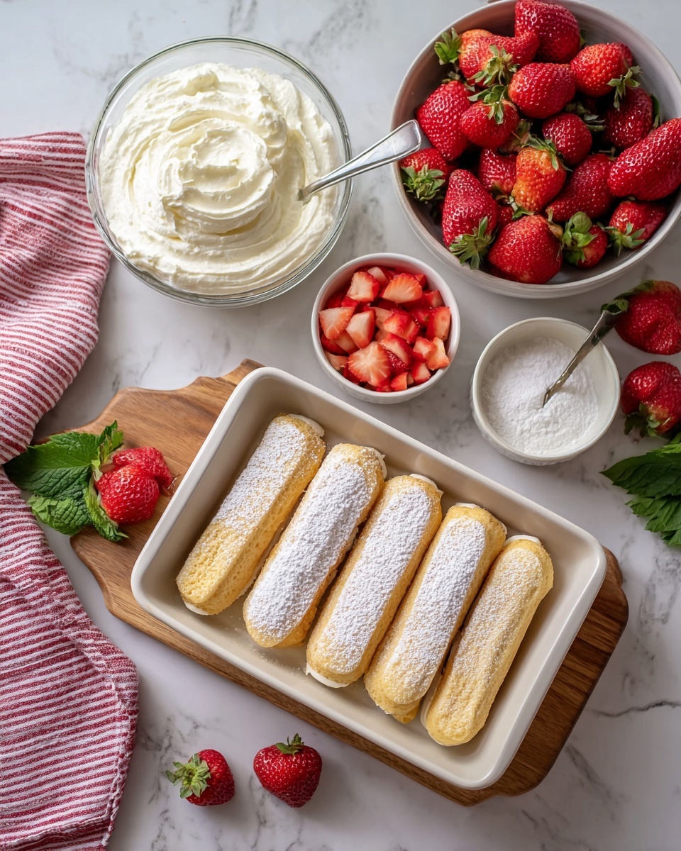 The image shows a white rectangular dish with seven light golden ladyfingers arranged in one layer, dusted lightly with powdered sugar. Below them, there is a creamy layer that can be seen peeking out slightly from the edges. Next to the dish, there is a clear glass bowl filled with a white whipped cream mixture topped with a swirl of cream. Above that, on a wooden board, there is a large white bowl filled with fresh whole red strawberries. Beside it, there are three small white bowls; one containing powdered sugar, another filled with halved strawberries with a small spoon resting over it, and the last one holding chopped strawberries. A few whole strawberries and green leaves sit scattered near the bowls. The setup is laid out on a white marbled surface with a red and white striped cloth in the corner. Photo taken with an iphone --ar 4:5 --v 7