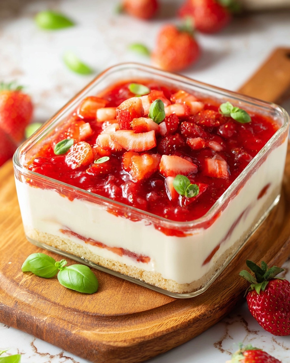 A clear glass square dish holds a three-layer dessert placed on a wooden board. The bottom layer is light brown and crumbly, the middle layer is thick and creamy white, and the top layer is bright red strawberry sauce with small chunks of strawberries. On top, there are fresh strawberry halves and small green basil leaves scattered. The background is a white marbled surface with some whole strawberries and green basil leaves around the dish. Photo taken with an iphone --ar 4:5 --v 7