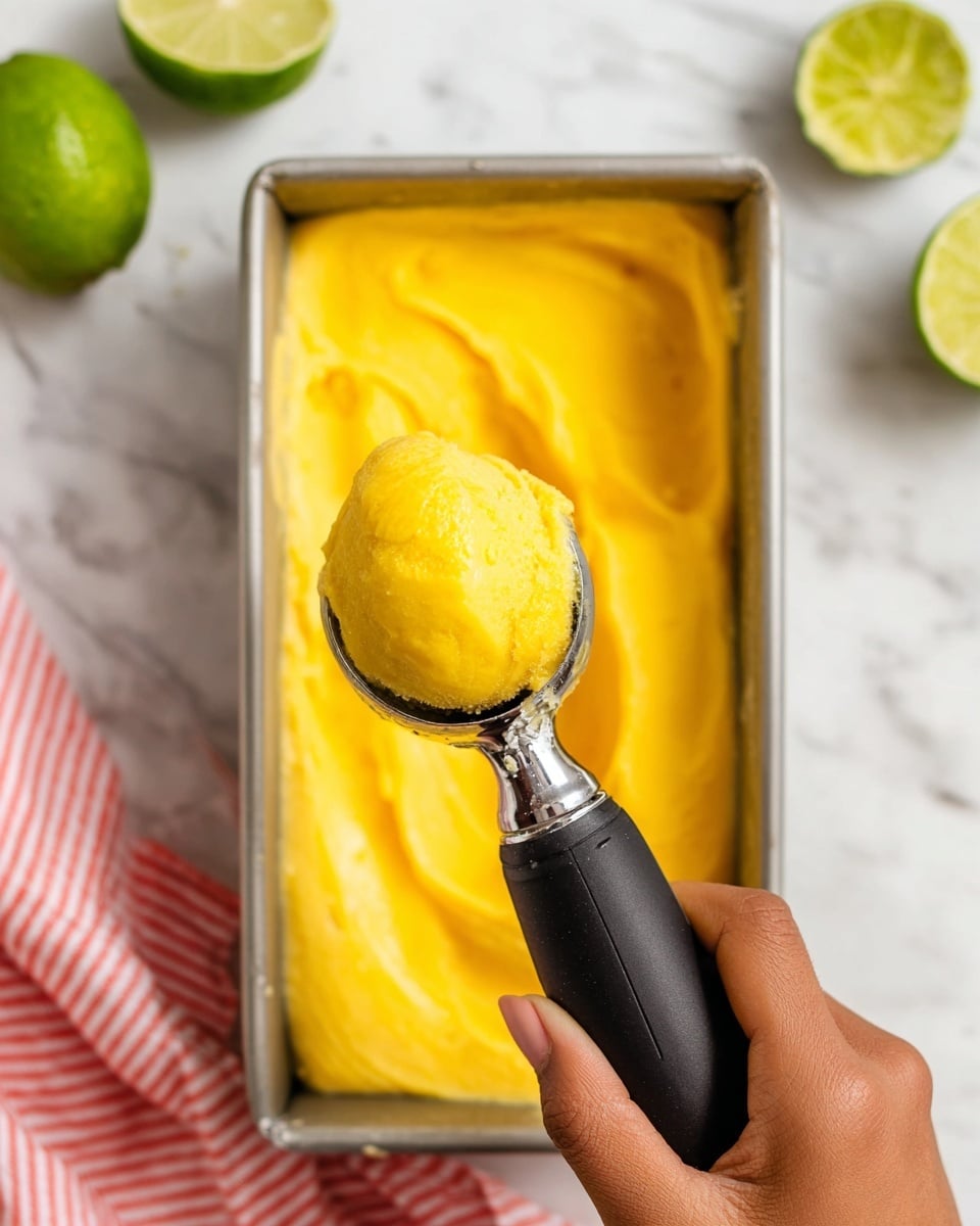 A close-up of a woman's hand holding a black ice cream scoop with a shiny silver scoop part, lifting a bright yellow smooth and creamy scoop of mango sorbet from a deep rectangular metal tray filled with the same mango sorbet. The tray sits on a white marbled surface, with two green limes—one whole and one sliced in half—on the left side and a blurred half lime slice on the upper right side. A red and white striped cloth is partially visible beneath the tray on the left side. Photo taken with an iphone --ar 4:5 --v 7