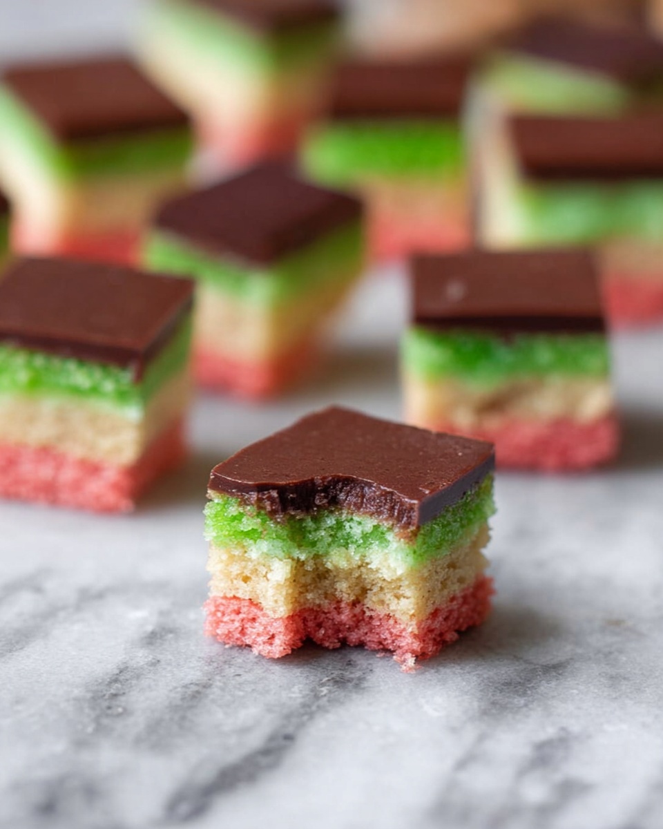 The image shows small square layered cakes on a white marbled surface, with one piece close to the front and many blurred pieces in the background. Each cake has four layers: the bottom layer is pink and spongy, the second is light beige and soft, the third is bright green and fluffy, and the top layer is a smooth, dark brown chocolate layer. The front piece has a small bite taken out, showing the soft texture inside. The background pieces are arranged in rows, slightly out of focus, emphasizing the front cake piece. photo taken with an iphone --ar 4:5 --v 7