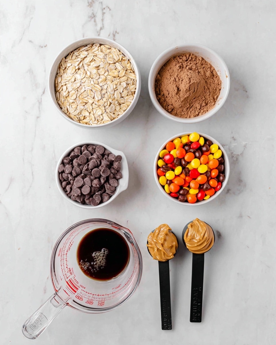 The image shows seven small white bowls and measuring cups on a white marbled surface. The top left bowl holds light brown oats with a rough texture. To its right, a bowl is filled with light brown cocoa powder that has a soft, crumbly look. Below the oats, a smaller bowl contains dark brown chocolate chips with a smooth, shiny finish. To the right of the chocolate chips, a bowl is filled with colorful candy pieces in orange, yellow, and brown, all round and glossy. Below these, a small white bowl holds a thick dark syrup with some bubbles on top. Next to it, a clear measuring cup with red measurement markings is empty. On the bottom right, two black measuring scoops hold creamy peanut butter, one scoop with a full half cup and the other with a slightly smaller amount. The whole arrangement is neat and bright, with clear details of each ingredient’s texture and color, photo taken with an iphone --ar 4:5 --v 7