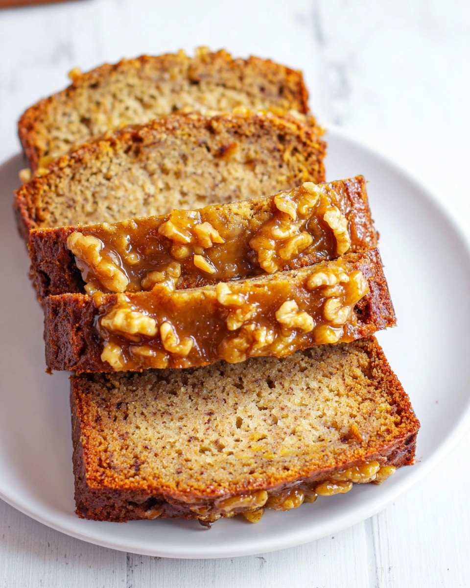 The image shows four slices of moist banana bread stacked on a white plate placed on a white marbled surface. Each slice has a golden-brown crust with a soft, dense inside that has a light brown color mixed with darker brown specks from the banana. On top of the slices, there is a layer of sticky caramel-like sauce mixed with walnut pieces, which adds texture and shine to the top edges. The slices are arranged so that the front slice is fully visible, and the three layers behind overlap slightly, creating a layered effect. Photo taken with an iphone --ar 4:5 --v 7