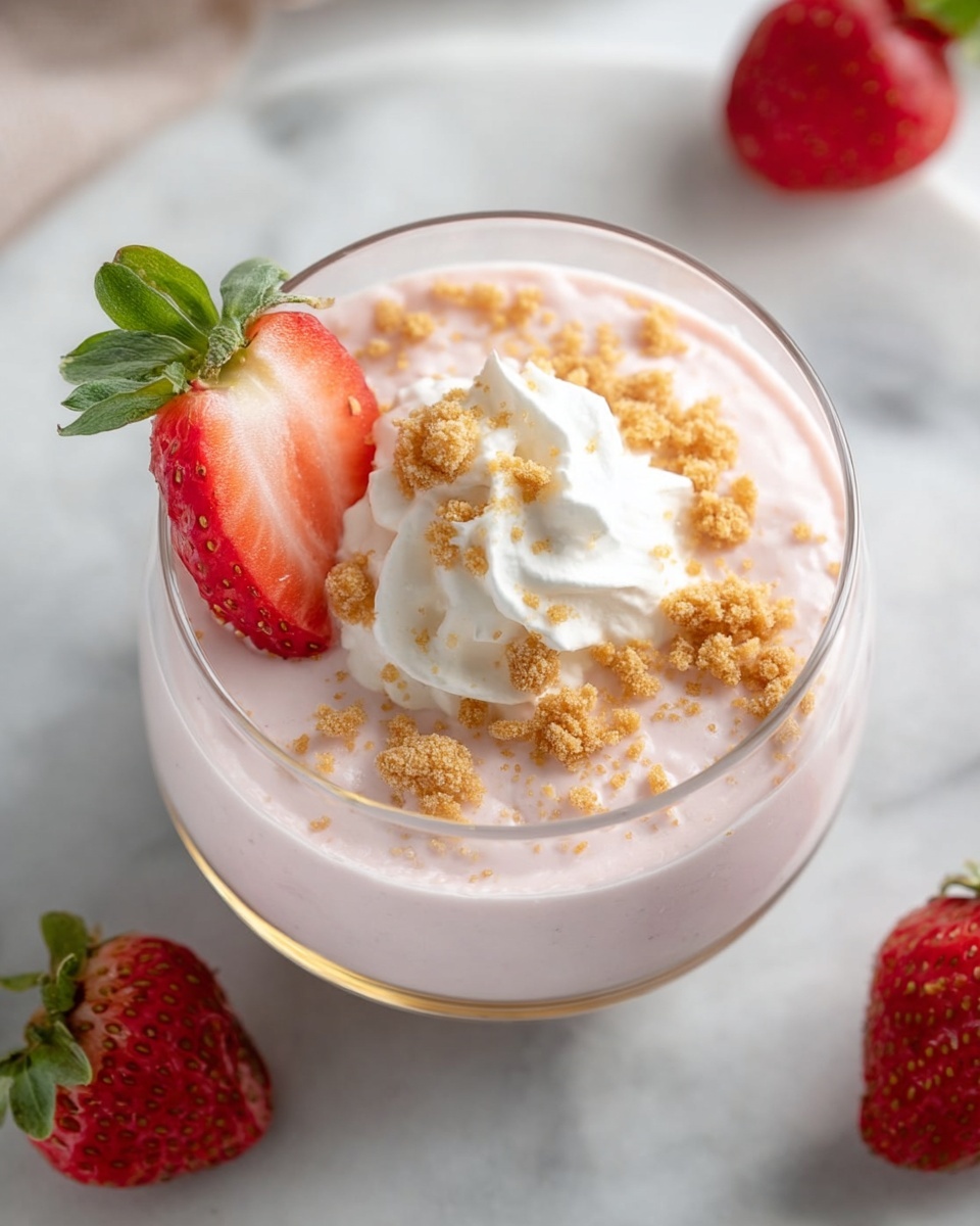 The image shows a clear glass filled with three layers. The bottom layer is light pink and creamy, filling most of the glass. On top of the pink cream, there is a dollop of white whipped cream placed near the center. Around and on the whipped cream, there are small light brown crumb pieces scattered. A half strawberry with bright red skin and green leaves is placed near the edge of the glass, partially resting on the pink layer. The glass is set on a white marbled surface with two whole strawberries nearby, one at the bottom left and the other slightly blurred in the top right. The photo taken with an iphone --ar 4:5 --v 7