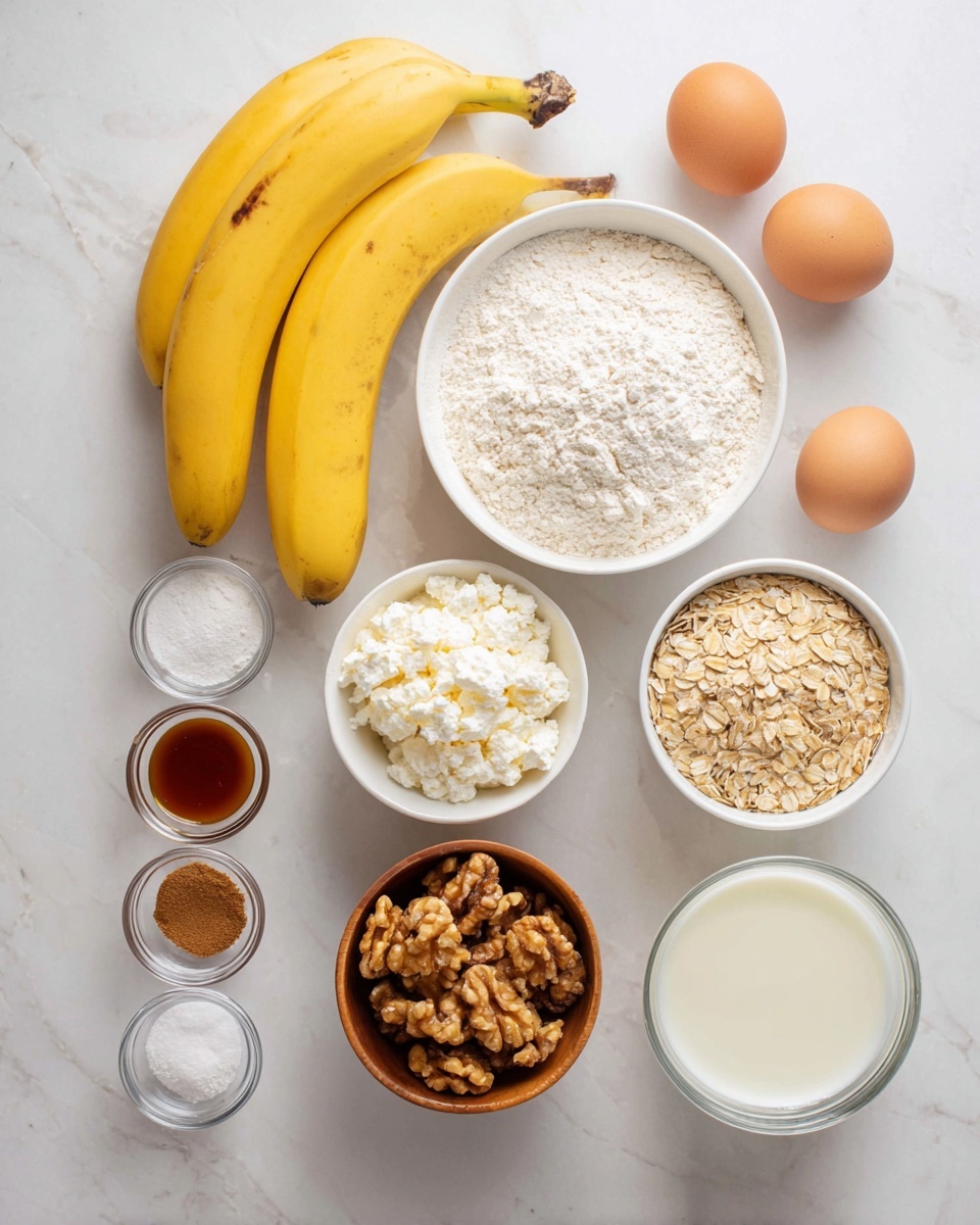 A white marbled surface holds a neat arrangement of baking ingredients: three yellow bananas on the left, two brown eggs below them, a white bowl filled with flour at the top center, and a white bowl of oats to the right of the flour. Below the oats, another white bowl is filled with light brown sugar, and next to it is a wooden bowl with halved walnuts showing their natural brown texture. In the middle left, a white bowl contains white cottage cheese with a lumpy texture. At the bottom left, five small glass bowls hold white baking powder, brownish cinnamon powder, white salt, and white sugar, while a small white bowl contains a dark amber liquid, likely vanilla extract. On the bottom right, there is a white bowl with a clear light yellow liquid and a transparent glass cup filled with white milk. The whole scene is brightly lit and orderly. photo taken with an iphone --ar 4:5 --v 7