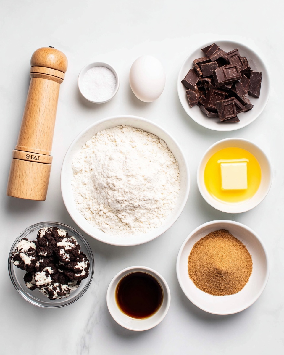 The image shows a top view of various baking ingredients arranged on a white marbled surface. In the center is a white bowl filled with white flour. To its right are two white bowls; one contains chopped dark chocolate pieces that are rough and uneven, and the other has melted yellow butter with a smooth texture. Below the flour bowl, there is a small clear glass bowl filled with crushed chocolate cookies with white cream bits. Next to the cookie bowl is a white bowl divided into two parts by sugar color—the left half is white sugar and the right half is brown sugar, both granular. At the top center, there is a single white egg. To the left of the flour bowl, a small white bowl holds fine white powder, likely baking soda or salt. Below that, a white bowl contains a dark brown liquid, possibly vanilla extract. To the far left, a wooden salt grinder with the word SALT carved is placed vertically. The overall setup has a clean, bright look with a simple and organized presentation photo taken with an iphone --ar 4:5 --v 7