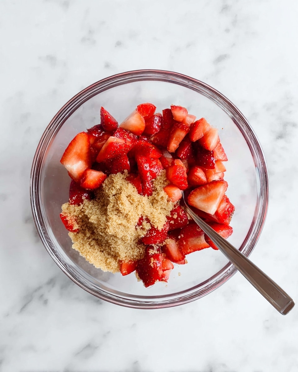 A clear glass bowl holds three layers: the bottom layer is a mix of small, bright red strawberries cut into small pieces, the middle layer is a pile of light brown sugar sitting on top of the strawberries, and a silver spoon rests inside the bowl, partially dipped into the fruit and sugar mix. The bowl is placed on a white marbled surface. photo taken with an iphone --ar 4:5 --v 7