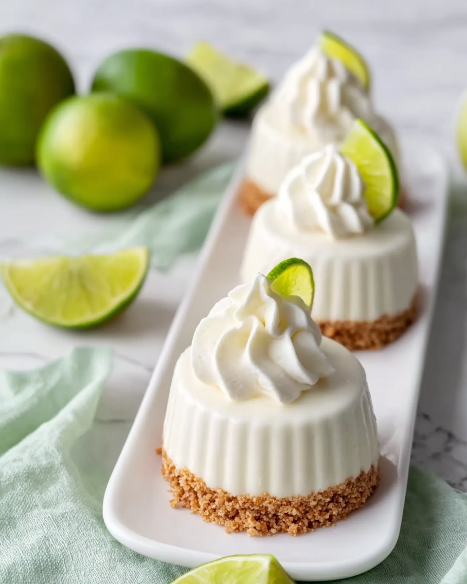 The image shows three small dome-shaped desserts placed in a white long plate on a white marbled surface. Each dessert has three layers: the bottom layer is crumbly and light brown in color, the middle layer is a smooth creamy white dome with subtle vertical lines, and the top layer is a white whip shaped swirl crowned with a small green lime wedge. In the background, there are whole and cut limes scattered on a light green cloth. The lighting is bright and natural, giving the desserts a fresh and soft look. Photo taken with an iphone --ar 4:5 --v 7