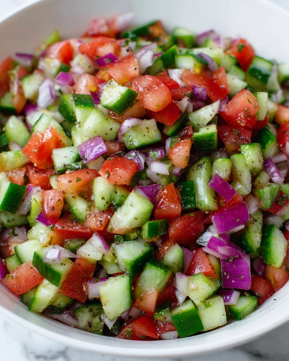 A close-up view of a white bowl filled with a colorful salad made of finely chopped layers: green cucumber pieces with darker green skin, red tomato chunks, and small squares of purple-red onion mixed evenly throughout. The ingredients appear fresh and have a slight shine, with some visible black pepper scattered on top. The bowl sits on a white marbled surface. photo taken with an iphone --ar 4:5 --v 7