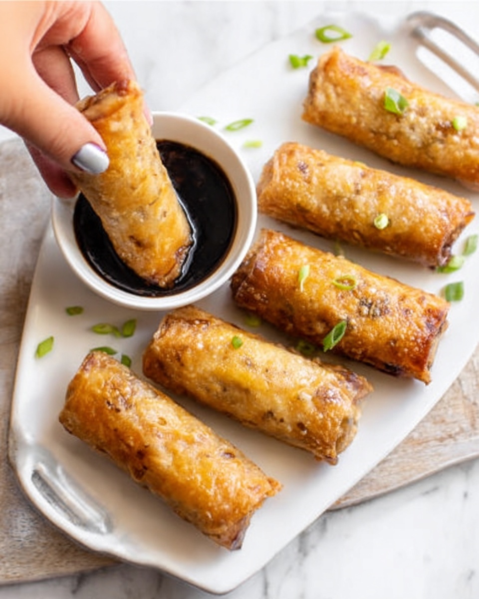 The image shows a white plate on a white marbled surface with five golden-brown egg rolls arranged in a neat line. Four egg rolls lie on the plate, while a fifth one is held by a woman's hand, dipping into a small white round bowl filled with dark soy sauce. The egg rolls have crispy, slightly shiny skin with small green onion pieces sprinkled on top. The background is softly blurred, keeping focus on the food. photo taken with an iphone --ar 4:5 --v 7
