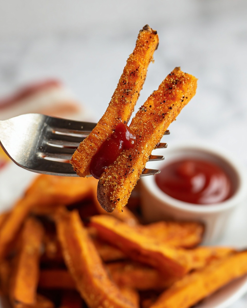 A close-up shot shows three orange sweet potato fries on a silver fork held vertically in front of a white marbled surface. The fries have a crispy, seasoned texture with visible dark spices and a slightly rough surface. The middle fry is dipped in thick red ketchup, lightly dripping down. In the blurred background, a white bowl filled with more sweet potato fries and a small white bowl containing ketchup are partially visible on the white marbled surface. The image is bright and colorful, focusing closely on the fries and fork. photo taken with an iphone --ar 4:5 --v 7