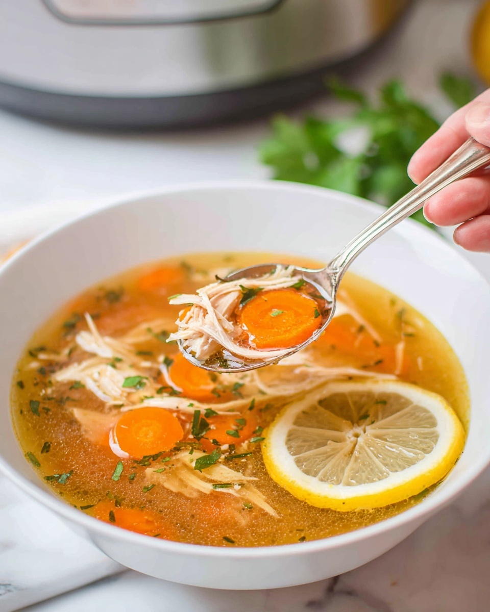 A close-up image shows a silver ladle filled with clear broth soup containing shredded light beige chicken pieces, bright orange carrot slices, small green celery pieces, and sprinklings of green herbs. The soup in the ladle has a slightly shiny surface with visible bits of seasoning. The ladle is held above a white bowl filled with more of the same soup, sitting on a white marbled surface. Bright colors of the vegetables and chicken contrast with the warm, transparent broth around them photo taken with an iphone --ar 4:5 --v 7