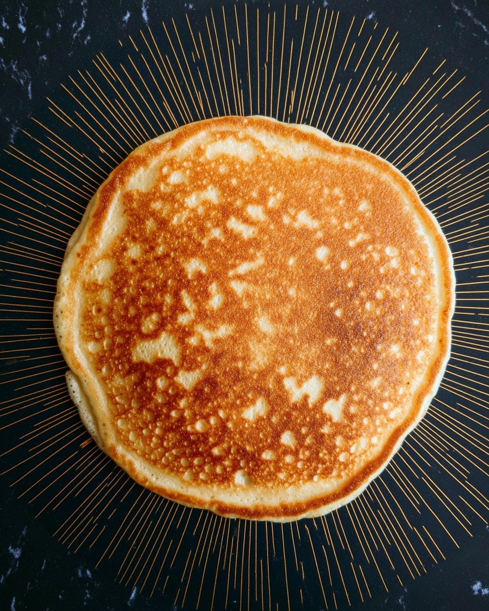 A single round pancake is shown from above, with a golden brown, slightly bubbly surface texture and a few darker spots scattered across the top. The edges are slightly lighter and have a soft, fluffy look, while the pancake sits flat and centered in a pan with a dark background featuring thin, evenly spaced golden lines radiating outward. The pan is on a white marbled surface. photo taken with an iphone --ar 4:5 --v 7