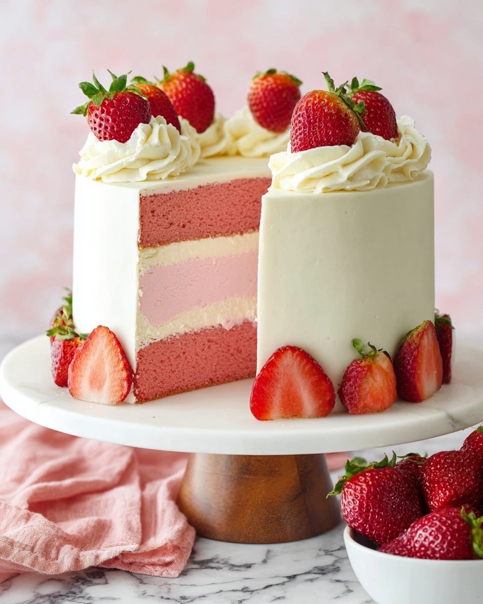 A two-layer round cake with two pink cake layers on the top and bottom and a thick white cream layer in the middle, all covered with smooth white frosting. The top edge of the cake is decorated with white swirled cream dollops, each topped with halved red strawberries with green leaves. More halved strawberries are placed around the base of the cake on a white cake stand with a wooden base, set on a white marbled surface with a pink cloth beneath it. A white bowl filled with whole red strawberries is visible behind the cake stand. Photo taken with an iphone --ar 4:5 --v 7
