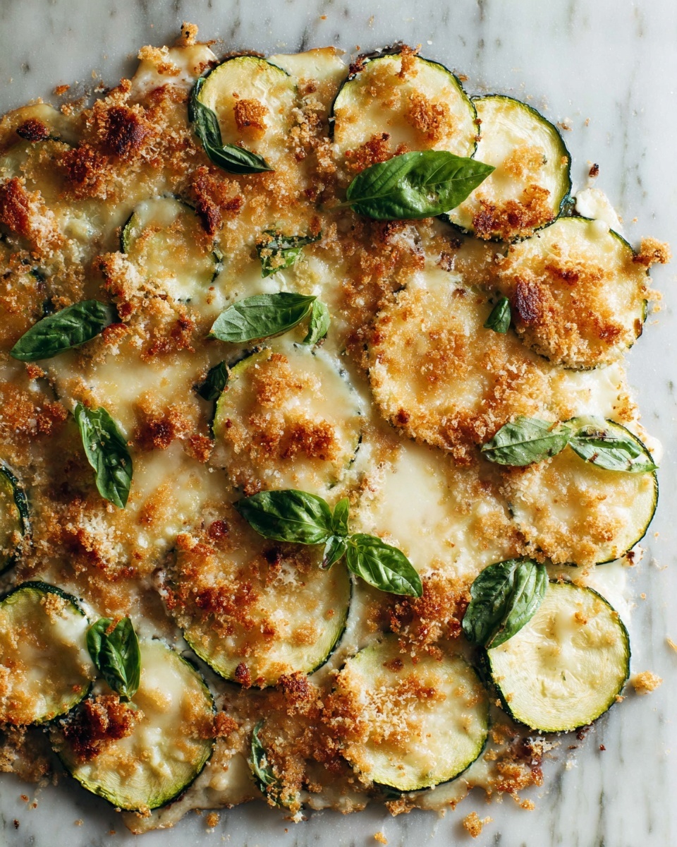 The dish shows a single-layer of zucchini slices topped with a layer of melted cheese that is bubbly and slightly browned. On top of the cheese, there are patches of golden-brown crispy crumbs giving a crunchy texture. Scattered fresh green basil leaves add a bright contrast on the top layer. The zucchini slices have green skins and light yellow flesh, with cheese filling spaces around them. The whole dish sits on a white marbled textured surface. photo taken with an iphone --ar 4:5 --v 7
