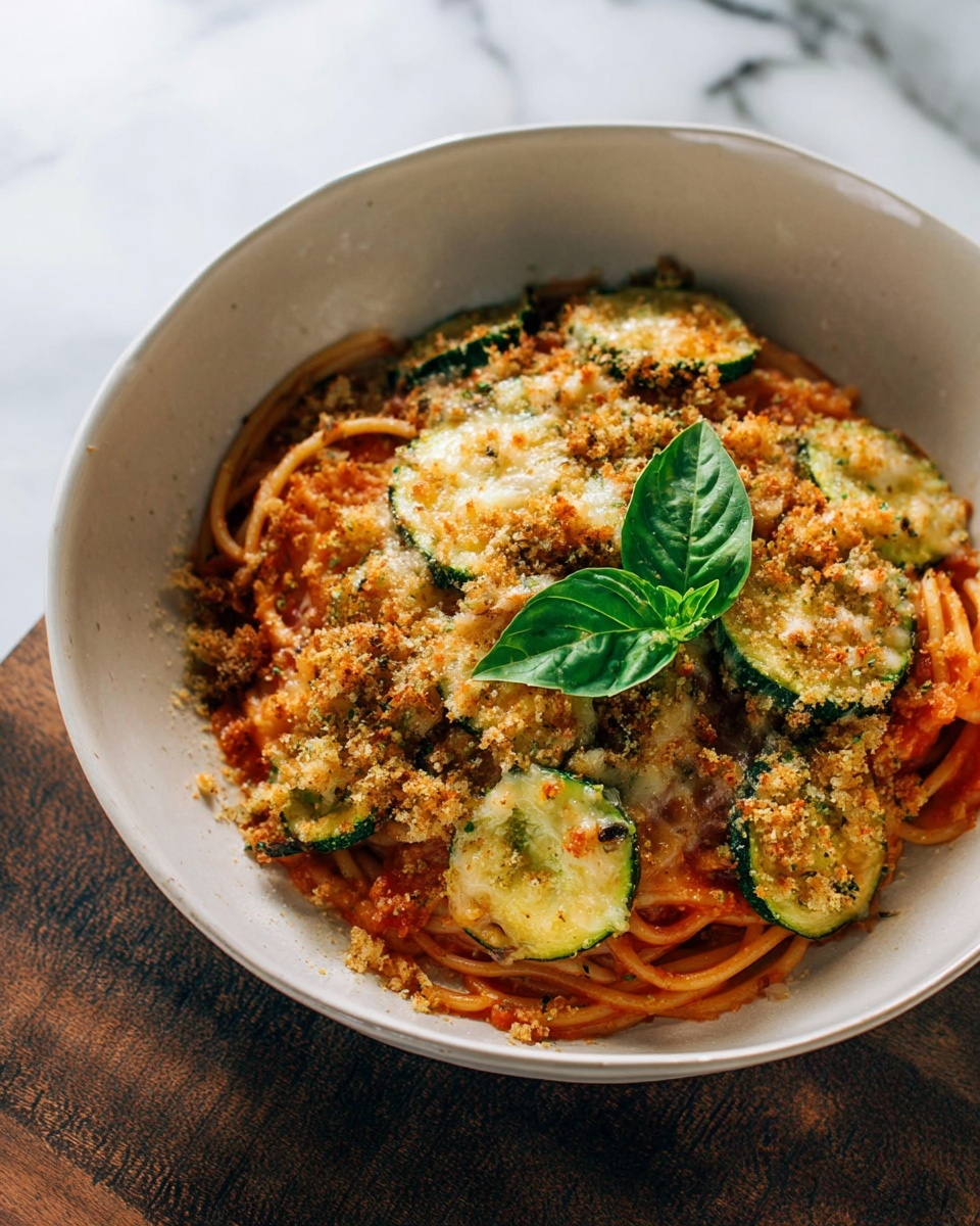 The dish is served in a white bowl on a white marbled surface. At the bottom, there is a layer of spaghetti coated in a red tomato sauce, forming the base. On top, there are slices of zucchini covered with a golden brown crumb topping mixed with melted cheese, giving it a slightly crispy texture. The center is garnished with a fresh green basil leaf, adding a pop of color. Steam rises gently from the dish, showing it is warm and fresh. photo taken with an iphone --ar 4:5 --v 7