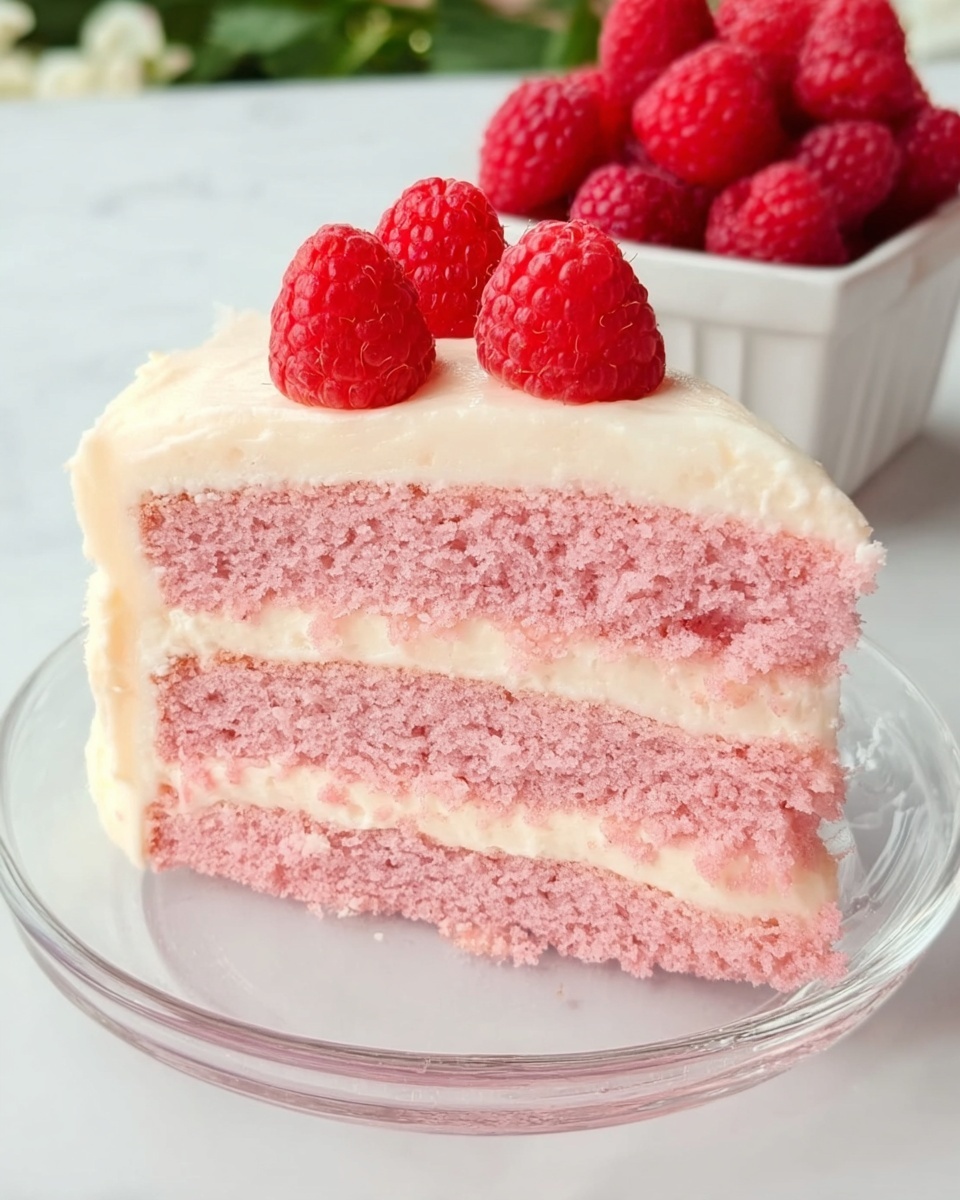A slice of three-layer pink cake sits on a clear glass plate, all placed on a white marbled surface. Each layer of the cake is soft pink with a light texture, separated by thin layers of smooth white cream filling. The top layer is covered in creamy white frosting and decorated with three fresh red raspberries arranged in a line. Behind the plate, a white bowl with more bright red raspberries is slightly visible. The photo taken with an iphone --ar 4:5 --v 7