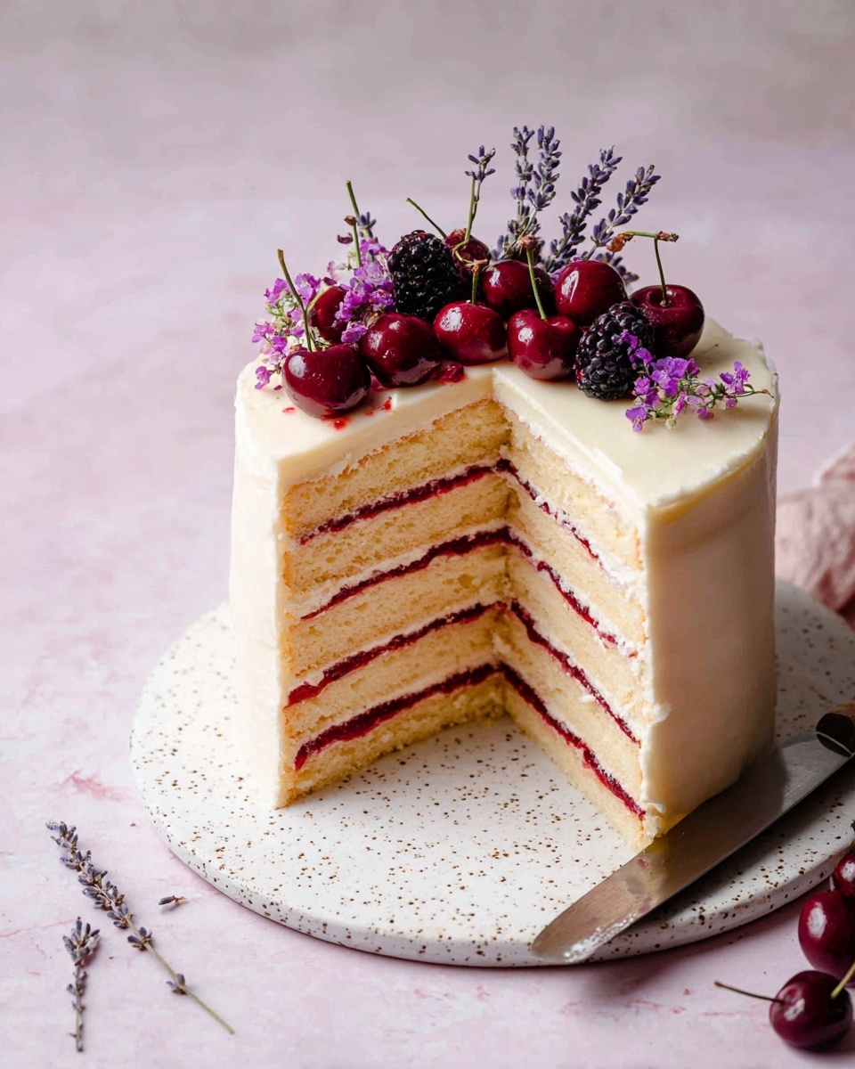 The image shows two white plates each holding a slice of layered cake with three layers of light golden sponge separated by two layers of red berry filling. The cake has a creamy light brown frosting on the top and sides. Around the plates are fresh blackberries and cherries. Next to one plate is a white bowl filled with blackberries topped with whipped cream. A woman's hand is reaching from the left side towards the bowl. The background is a white marbled surface with green leaves and a light pink flower scattered around. photo taken with an iphone --ar 4:5 --v 7