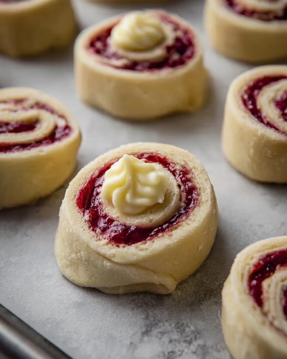 The image shows several raw swirl pastries on a baking sheet placed on a white marbled surface. Each pastry has three visible layers: the outer dough layer is light beige and slightly textured, the middle layer is a bright red fruit filling, and the center has a dollop of pale yellow creamy filling. The pastries are shaped into spirals with the cream filling prominently on top, appearing soft and smooth. The overall color contrast between the dough, red filling, and creamy center is strong, and the photo captures a close-up view of the pastries. Photo taken with an iphone --ar 4:5 --v 7