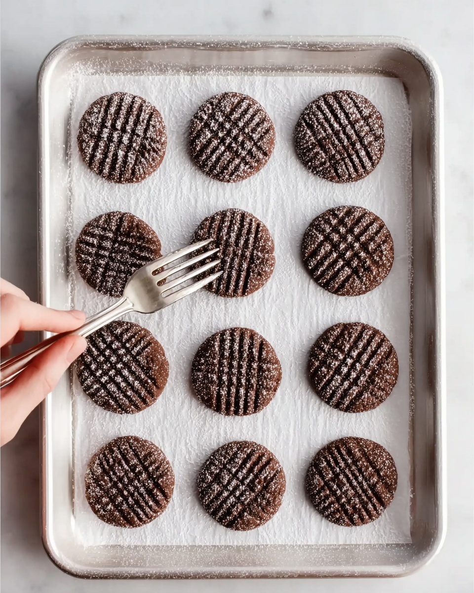 Chocolate Peanut Butter Cookies Recipe 4 The image shows 15 round chocolate cookies on a white baking tray covered with white baking paper, arranged in a grid of 3 columns and 5 rows. Each cookie has a textured surface with a crisscross pattern pressed into the dough using silver fork marks, creating a checkered lines design. The cookies are lightly dusted with white powdered sugar. At the bottom left corner, a woman's hand is holding a silver fork pressing another cookie, adding the same crisscross pattern. The tray is set on a white marbled surface. photo taken with an iphone --ar 4:5 --v 7