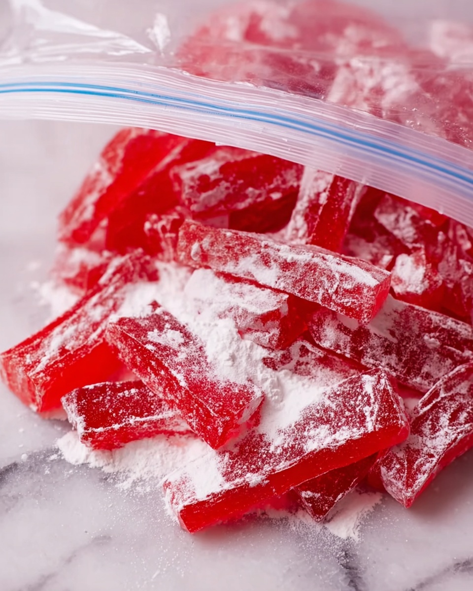 A close-up view inside a clear plastic zip-top bag filled with bright red candy pieces coated unevenly with white powdered sugar. The candies are shiny and translucent, shaped like small rectangular sticks, layered loosely within the bag. The bag is open, showing many candies piled with a dusting of the powder resting on top. The background is a white marbled texture. photo taken with an iphone --ar 4:5 --v 7