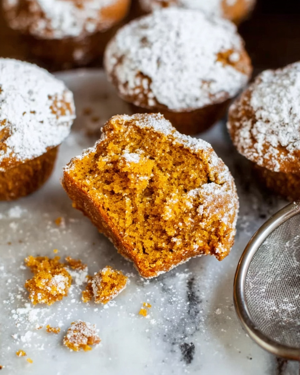 The image shows a close-up of a pumpkin muffin torn in half, revealing a soft, moist, orange-brown crumb inside. The muffin has a light dusting of white powdered sugar on top, which contrasts with the warm color of the muffin. Surrounding the torn muffin are more muffins with the same powdered sugar dusting, all placed on a white marbled surface. In the foreground, there is a metal sifter with some powdered sugar left inside. The whole scene has a cozy, homemade feel, with crumb pieces scattered around. photo taken with an iphone --ar 4:5 --v 7