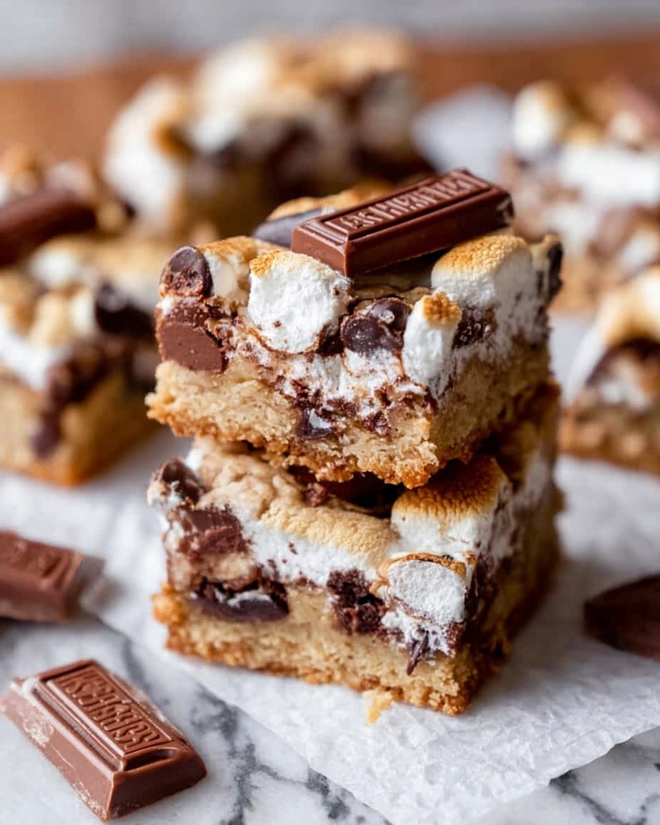 The image shows a stack of two thick dessert squares with a golden brown base layer that looks soft and chewy. Above the base, there are visible chunks of chocolate pieces mixed inside and melted marshmallow topping covering the surface. The marshmallow layer looks fluffy and white with some golden toasted spots. On top of the marshmallow, there are whole chocolate pieces and a small rectangular Hershey's chocolate bar embedded into the top. Around the stacked squares, there are more similar dessert pieces scattered on a white marbled surface, giving a warm, inviting look. Photo taken with an iphone --ar 4:5 --v 7
