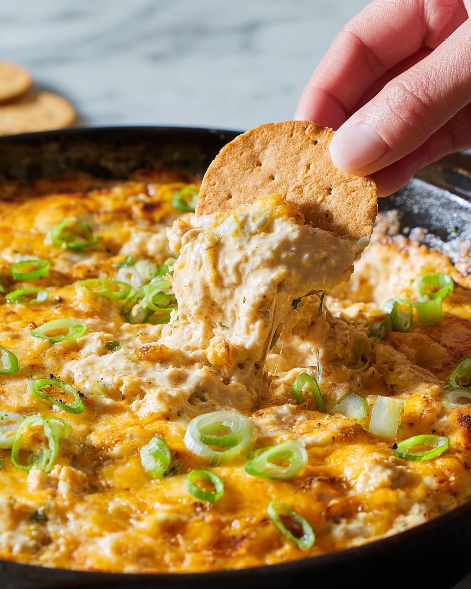 A close-up view of a dish in a black pan shows a top layer of melted yellow and white cheese with a slightly rough texture, dotted with fresh green round slices of scallions. Below the cheese, chunks of shredded white meat are visible, mixed with a creamy sauce that has a light brown and orange tint. On the top left, a pale beige round cracker is slightly covered with some of the cheesy sauce and shredded meat. The pan rests on a white marbled surface photo taken with an iphone --ar 4:5 --v 7