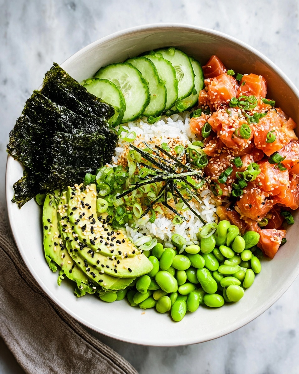A white bowl on a white marbled surface holds a colorful poke bowl with five parts: at the bottom left, bright green sliced avocado covered with black and white sesame seeds; next to it on the right, a pile of vibrant green edamame beans; beside the edamame is a portion of white rice topped with a sprinkle of mixed sesame seeds and bits of seaweed; above the rice, fresh green cucumber slices arranged in a neat row; and taking up the top right section, orange chunks of marinated fish mixed with sauce, topped with chopped green onions, black sesame seeds, and thin seaweed strips, with two large pieces of dark green seaweed placed along the left side. photo taken with an iphone --ar 4:5 --v 7