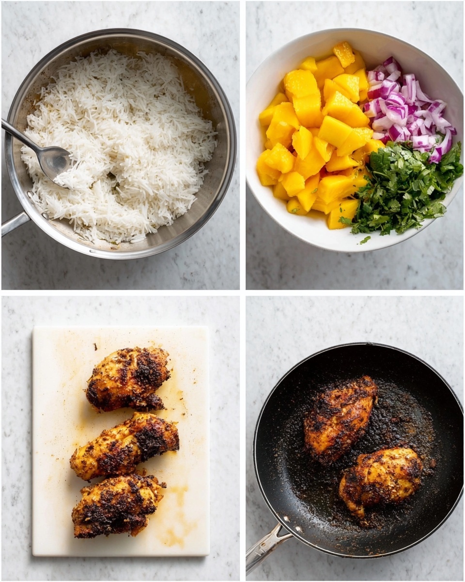 The image shows four smaller photos arranged in a grid on a white marbled surface. The top left photo has a metal pan filled with white cooked rice with a spoon inside. The top right photo features a white bowl containing three layers: bright yellow chunks of mango, small pieces of purple onion, and green chopped cilantro. The bottom left photo shows two cooked pieces of seasoned chicken placed on a white cutting board with some spices and oil stains around them. The bottom right photo displays a black frying pan with two darkly spiced chicken pieces cooking, the pan contrasts with the white marbled background. Photo taken with an iphone --ar 4:5 --v 7