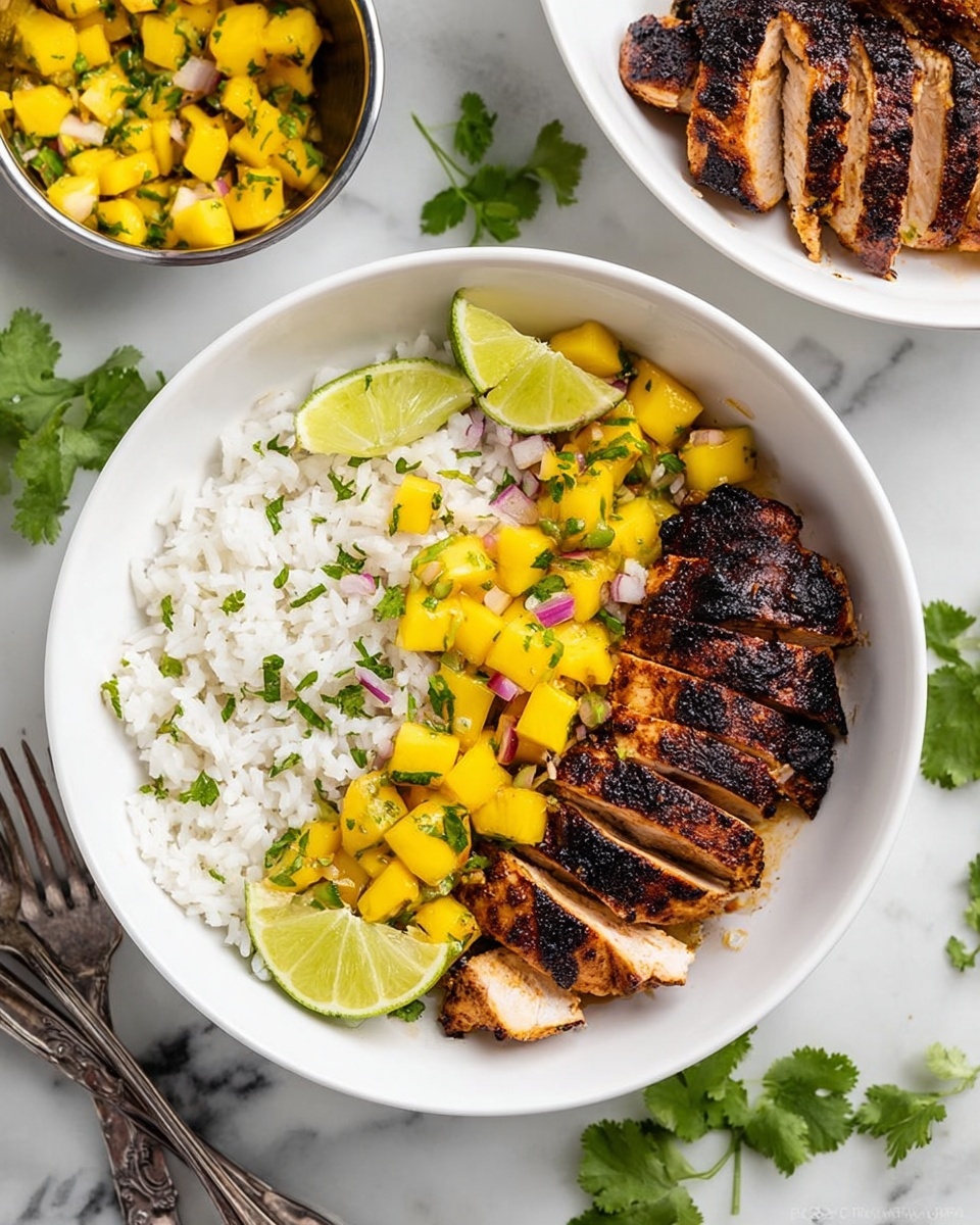A white bowl contains three main layers arranged side by side: grilled slices of chicken with a dark, charred crust on the right, bright yellow mango salsa with visible chunks mixed with small pieces of red onion and green herbs on the left, and white rice sprinkled with chopped green herbs in the center. Two lime wedges with a bright green-yellow color are placed on top of the rice near the mango salsa. The bowl sits on a white marbled surface with scattered fresh cilantro leaves nearby, and a silver fork and knife lie at the bottom left. In the background, there is another white bowl with more mango salsa and a small silver container with a few pieces of the salsa. Photo taken with an iphone --ar 4:5 --v 7
