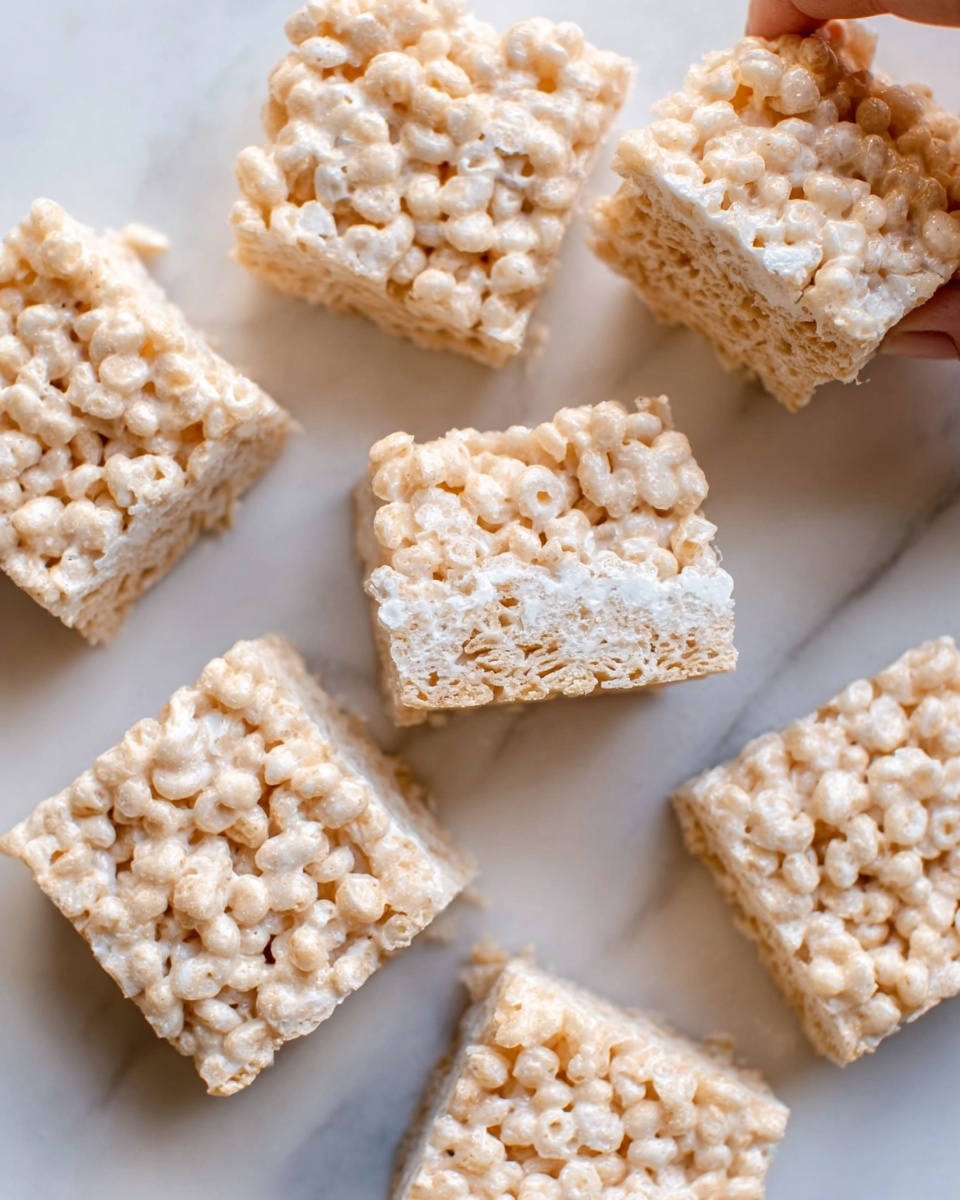 There are seven square rice cereal treats placed on a white marbled surface. Each treat has two main layers: a light beige layer made of puffed rice cereal and a creamy white layer of melted marshmallow that holds the cereal together. The top and sides of each square show the texture of crispy puffed rice clusters. One treat is being held by a woman's hand from the top right corner of the image. The overall look is soft and crunchy, with a light and neutral color palette. photo taken with an iphone --ar 4:5 --v 7