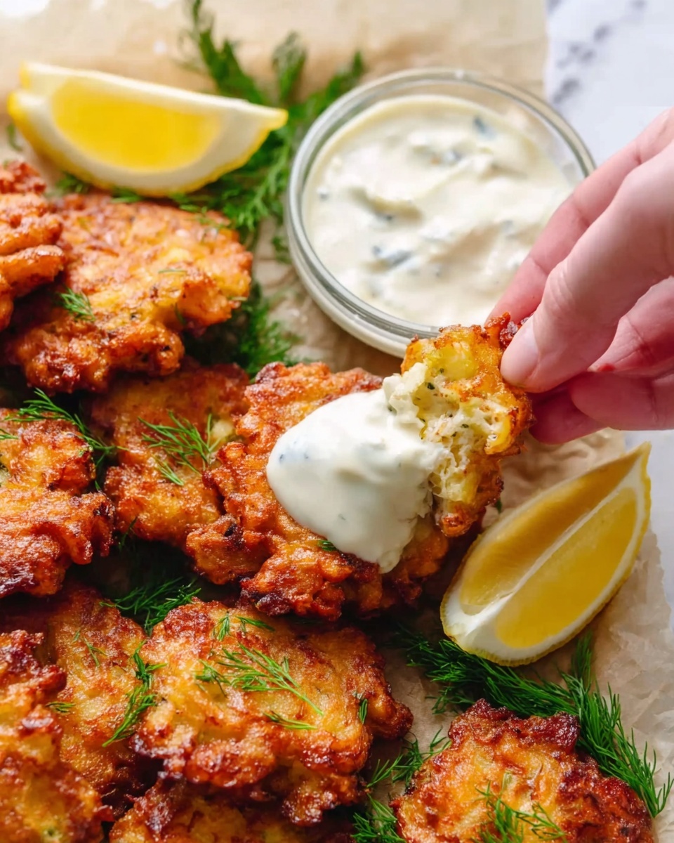 The image shows a close-up of several golden brown fritters with a crispy texture laid on parchment paper over a white marbled surface. A woman's hand is holding one fritter dipped in a creamy white sauce from a small clear glass bowl placed on the right side. There are two lemon wedges with a bright yellow color positioned behind the sauce bowl. Fresh green dill sprigs are scattered around the fritters, adding a touch of color and freshness. The overall scene is brightly lit, highlighting the textures and colors of the food clearly. photo taken with an iphone --ar 4:5 --v 7