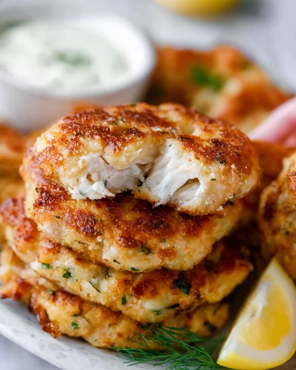 The image shows a close-up of golden brown fish cakes stacked on a white plate, with one cake broken in half to reveal a soft, white, flaky inside. The cakes have a slightly crispy, textured surface with hints of green herbs. Behind the cakes, there is a small white bowl filled with creamy white sauce and a lemon slice on the side. The background is a white marbled surface, and a woman's hand is gently holding one of the cakes. Photo taken with an iphone --ar 4:5 --v 7