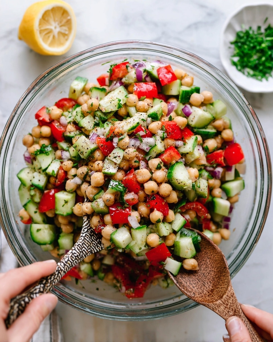 A white bowl holds a colorful chickpea salad with three visible layers; the bottom layer is a mix of shiny, red tomato chunks and bright green cucumber pieces with their dark green skin, the middle layer contains round, light beige chickpeas scattered evenly, and the top layer features small, square pieces of light purple and white onion mixed with chopped green herbs sprinkled on top. Two black spoons rest inside the bowl, partially buried in the salad, which sits on a white marbled surface with a hint of a white cloth with red stripes nearby. The colors are fresh and vibrant, with a slight shine on the vegetables and beans showing freshness, photo taken with an iphone --ar 4:5 --v 7