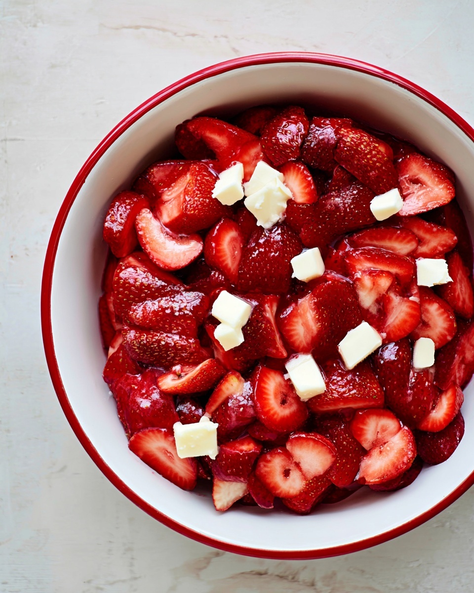 A white bowl with a red rim is filled with many cut strawberry slices showing bright red and juicy textures, layered closely and covering the whole inside of the bowl. On top of the strawberries, small pieces of white chunks, possibly butter or cheese, are scattered unevenly. The bowl sits on a white marbled surface. photo taken with an iphone --ar 4:5 --v 7