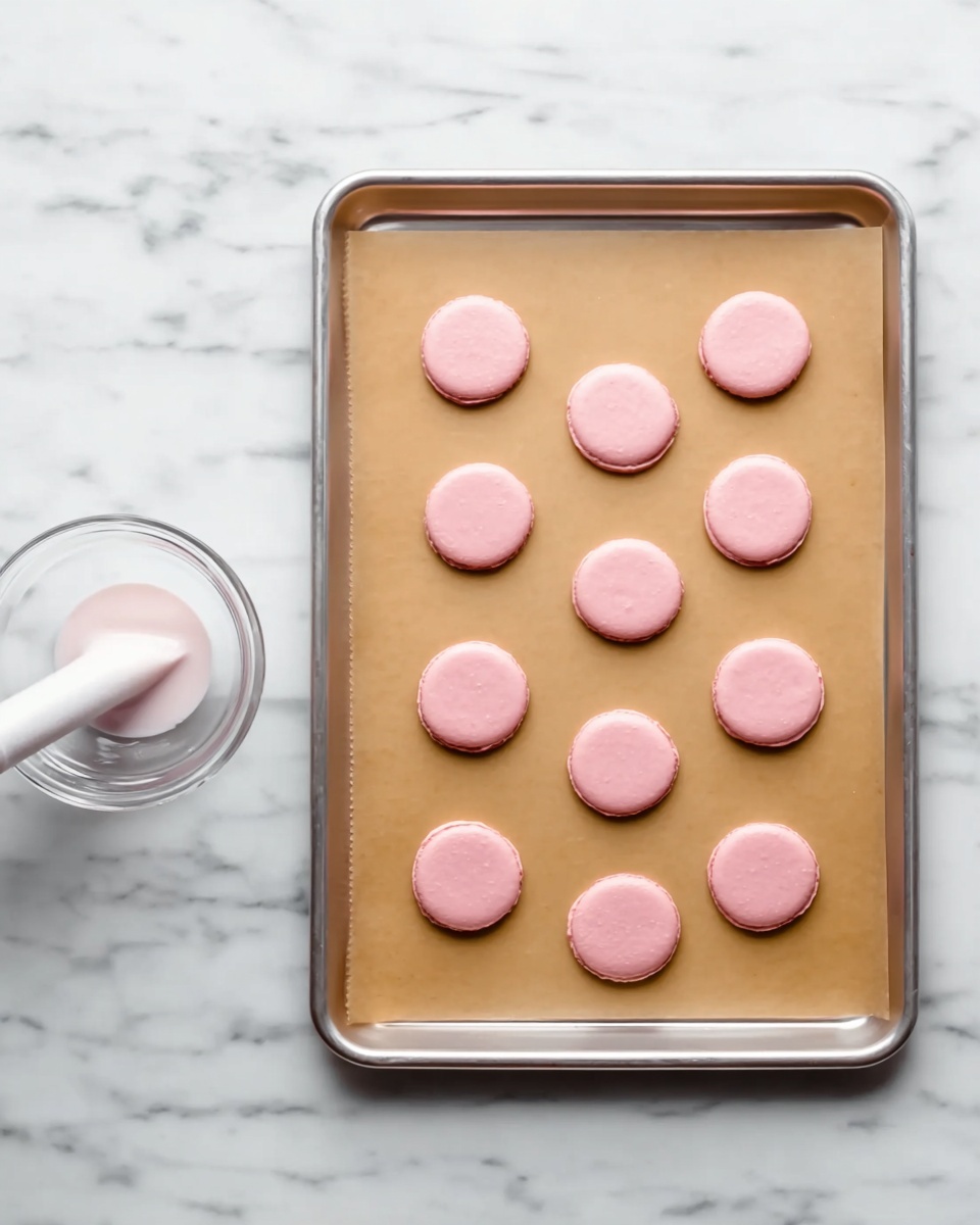 A silver baking tray lined with brown parchment paper holds 15 evenly spaced small round pink batter circles, arranged in three rows with five circles each. To the left of the tray, a clear glass container holds a white piping bag with some pink batter dripping from the tip. The tray and glass container rest on a white marbled surface. photo taken with an iphone --ar 4:5 --v 7