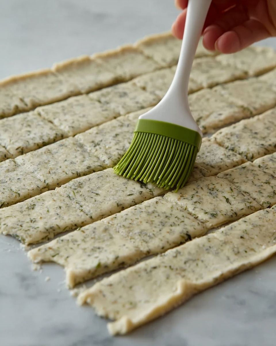 A woman's hand holds a green silicone brush with white handle, gently brushing over a flat piece of dough rolled out thinly on a white marbled surface. The dough is speckled with herbs and is cut into small rectangular sections arranged neatly in rows and columns. The edges of the dough sheet are slightly uneven. The scene captures a close-up view with soft lighting, showing the texture of the dough and the bristles of the brush clearly. photo taken with an iphone --ar 4:5 --v 7