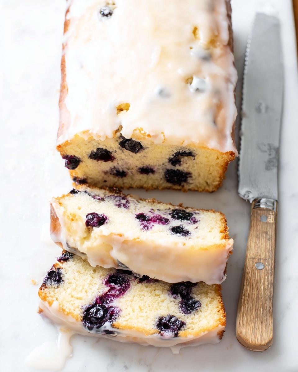 A white rectangular loaf cake with a top layer covered in a white icing glaze, showing a smooth and slightly shiny texture with some dripping on the sides. Inside, the cake has a dense, light yellow crumb mixed with dark purple blueberries evenly spread throughout. Three slices are cut and laid flat in front of the main loaf, showing the moist texture and blueberry distribution. The cake rests on a white marbled surface with a silver knife that has a wooden handle placed to the right side of the loaf. Photo taken with an iphone --ar 4:5 --v 7