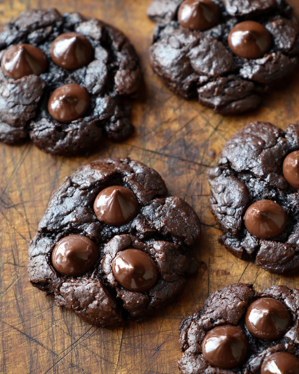 The image shows six dark chocolate cookies with a cracked, rough texture on their surface, each topped with three large smooth chocolate chips that are glossy and rounded. The cookies are thick and chunky, with varying irregular shapes. They sit directly on a brown wooden surface with visible grain and knife marks. The lighting highlights the shiny chocolate chips, creating a slight contrast with the matte parts of the cookies. Photo taken with an iphone --ar 4:5 --v 7