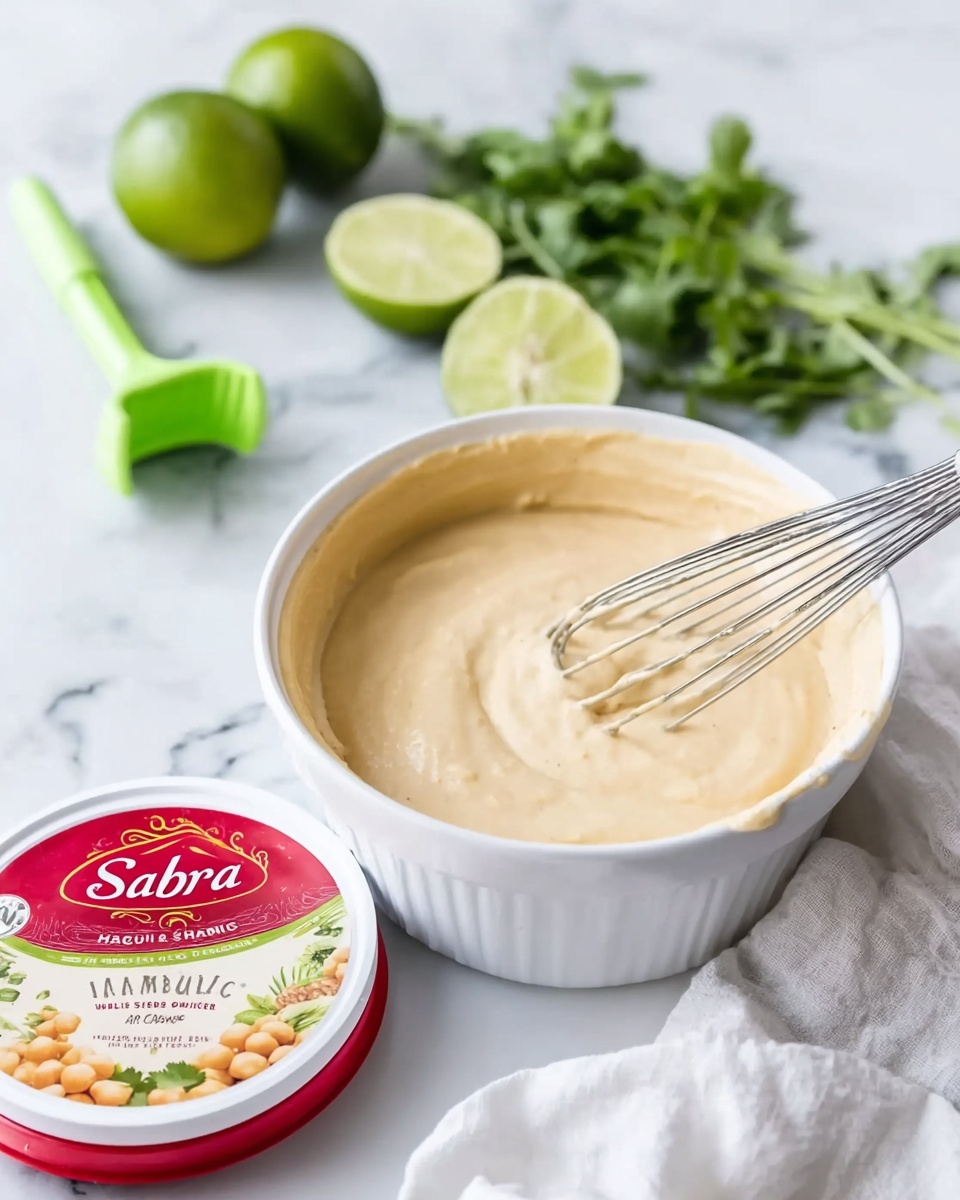 The image shows a white bowl filled with a smooth, creamy beige hummus mixture. A small metal whisk with thin wired loops rests inside the bowl, partially submerged in the hummus. Beside the bowl lies a white lid with a red rim, labeled