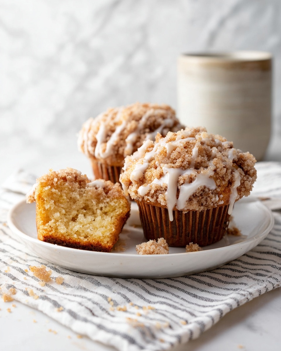 Three crumb-topped muffins sit on a white plate which rests on a larger white plate, all placed on a striped cloth over a white marbled surface. Each muffin has three layers: the bottom dark brown muffin wrapper, a golden-yellow fluffy cake middle, and a thick crumb layer on top that is light brown and crumbly, with a white drizzle of icing over the crumbs. One muffin is broken open, showing the soft yellow inside texture. There are crumbs scattered on the plates and cloth. The background is blurred with a white marbled texture and a blurred light-colored cup. photo taken with an iphone --ar 4:5 --v 7