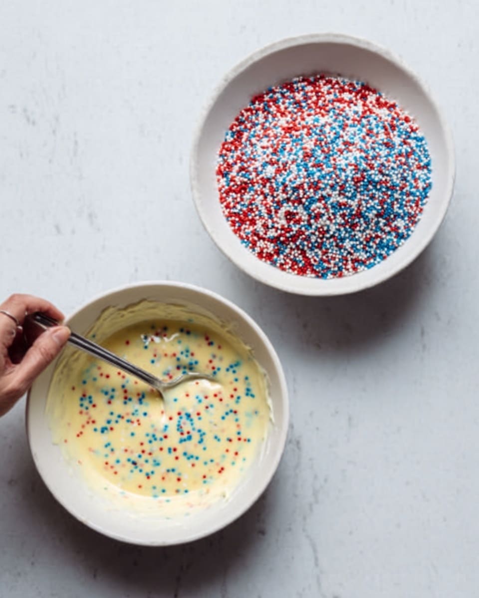 The image shows two white bowls on a white marbled surface. The bowl on the left holds a creamy yellow batter with multicolored sprinkles mixed inside. A metal spoon with a woman's hand resting on the edge is partially dipped in the batter. The bowl on the right is filled with red, white, and blue round sprinkles arranged in a mound, slightly spread out around the edges. The lighting is soft and natural, highlighting the smooth texture of the batter and the small, shiny sprinkles. photo taken with an iphone --ar 4:5 --v 7