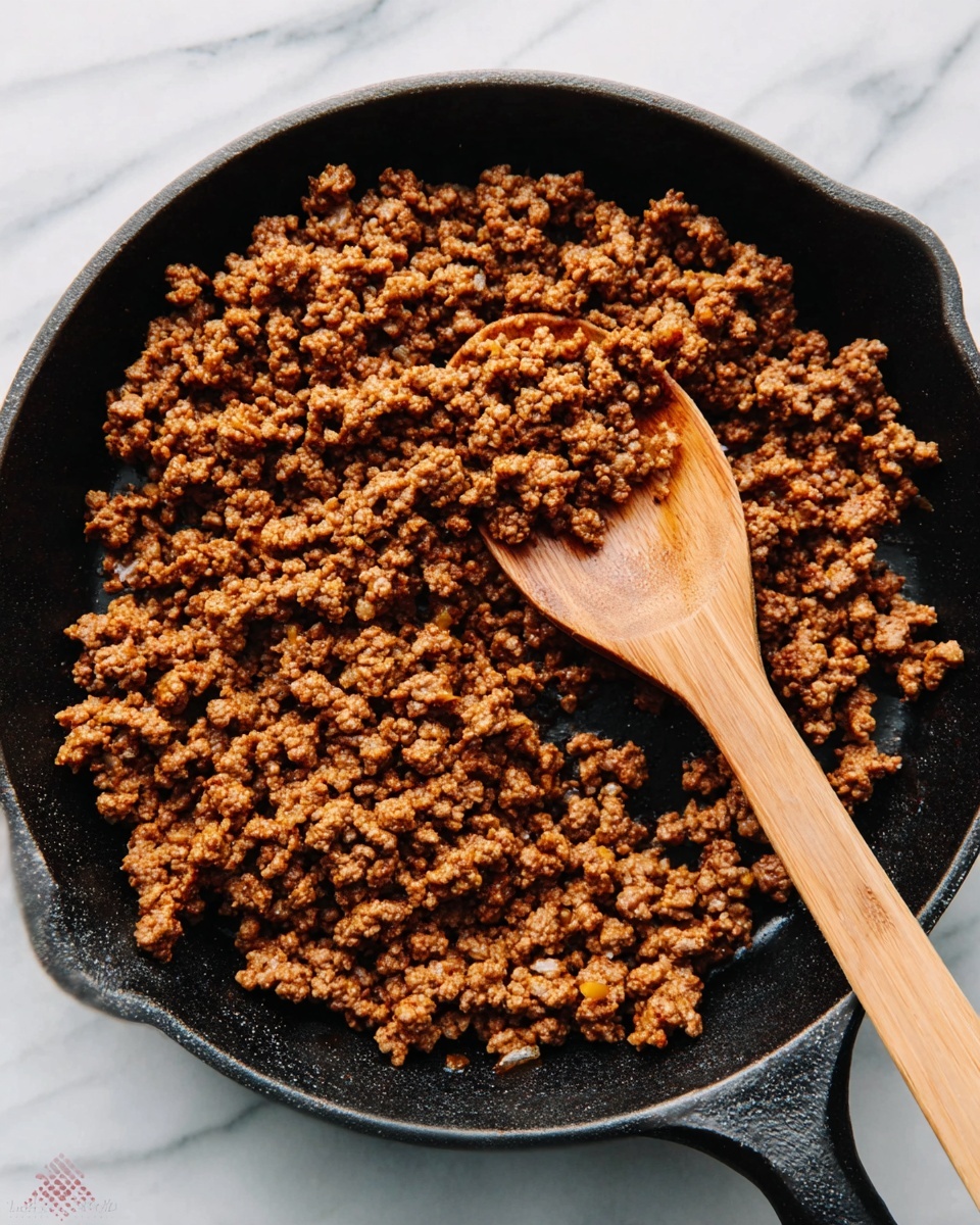 A black cast iron pot filled with cooked ground beef mixed with small pieces of translucent cooked onion, evenly spread and loosely packed in one layer, showing a crumbly texture with brown and light beige colors. The pot is sitting on a white marbled surface. photo taken with an iphone --ar 4:5 --v 7