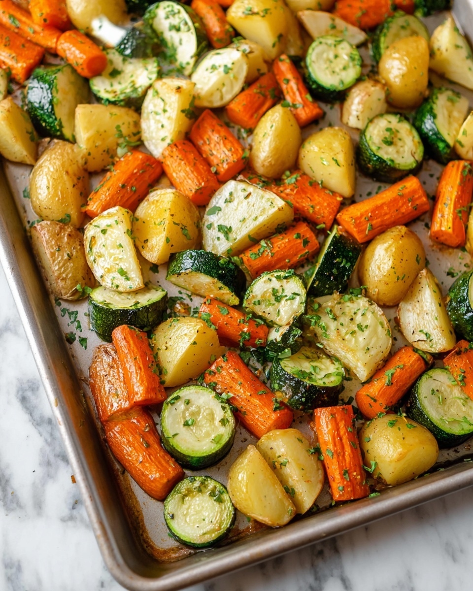 This image shows a tray full of roasted vegetables. The tray holds three kinds of vegetables: orange carrot pieces, light yellow potato chunks, and green zucchini pieces with a mix of light and dark green skin. The vegetables are scattered evenly across the tray, with the carrot pieces cut into thick segments, potato pieces cut into halves or quarters, and zucchini sliced into thick rounds or half-moon shapes. The vegetables are cooked with a slight shine and sprinkled with small green herb bits. The tray sits on a white marbled surface. photo taken with an iphone --ar 4:5 --v 7